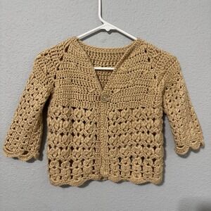 Vintage Crochet Cardigan Girls Size 5 Tan Scalloped Shell Stitch Boho Sweater